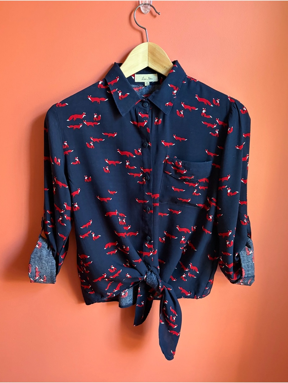 Whimsy Cottage Preppy Fox Print Button Down Tie Front Shirt Size S